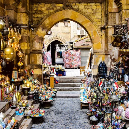 Lamps, brassware and textiles in an arcade of the Khan el-Khalili bazaar in Cairo