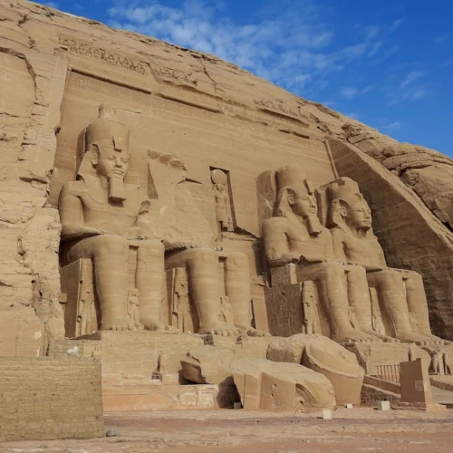 The four seated colossi of Ramesses II on the facade of the great temple at Abu Simbel