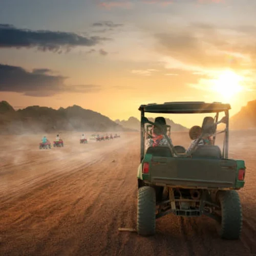 A desert buggy against the low sun on a Red Sea safari track