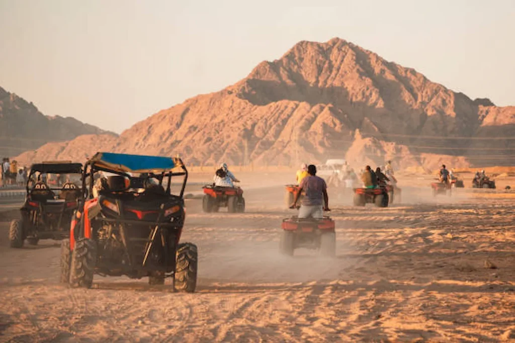 A desert buggy throwing up dust on a safari track