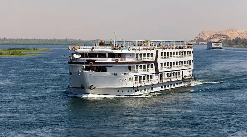 A five-star Nile cruise ship under way on the river