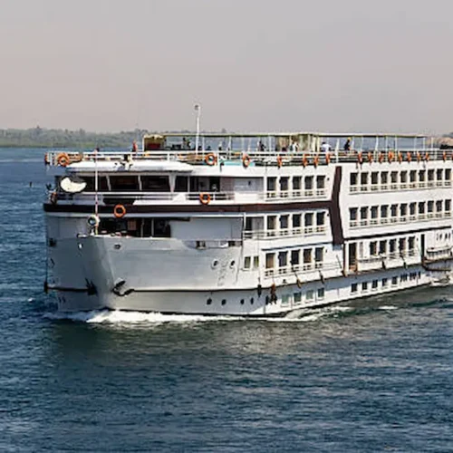 A five-star Nile cruise ship under way on the river