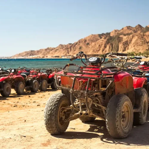 A line of quad bikes parked on the sand before a desert safari near Hurghada