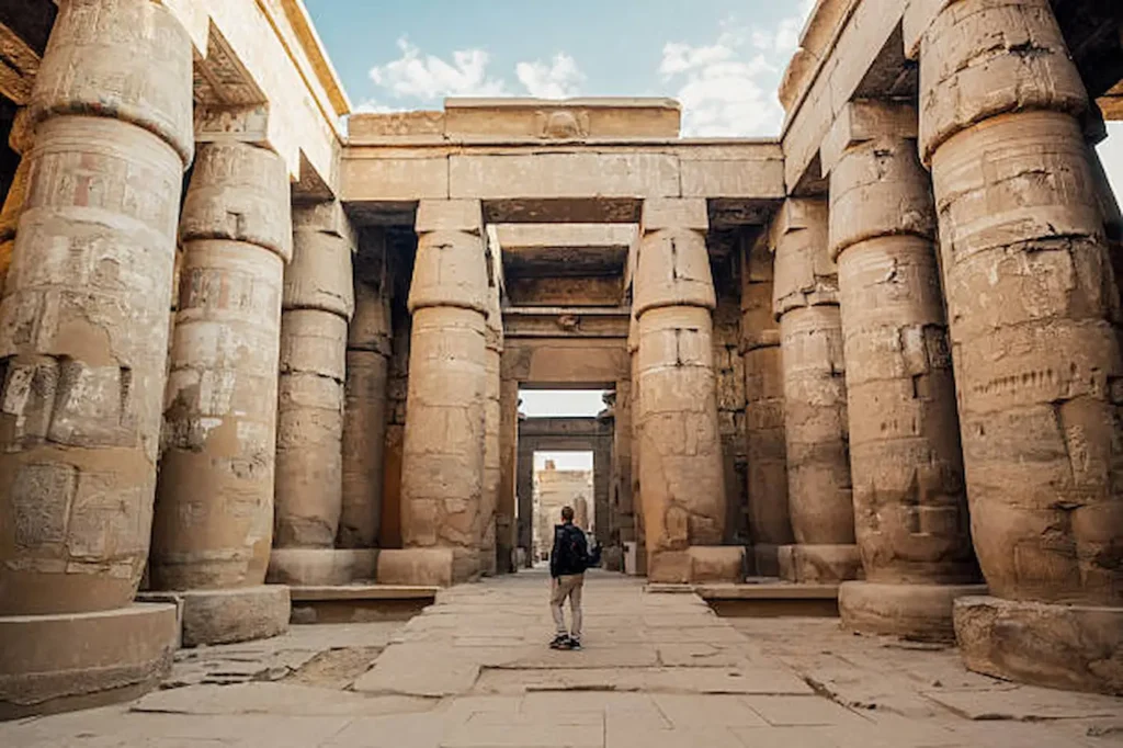 A visitor among the columns of the hypostyle hall at Karnak