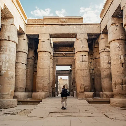 A visitor among the columns of the hypostyle hall at Karnak