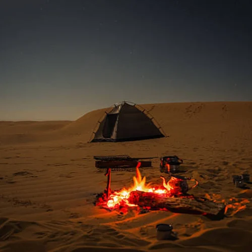 A campfire burning beside a tent in the desert at night