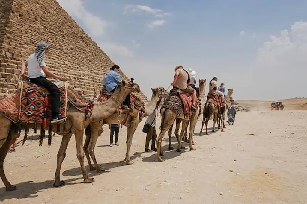 A camel caravan crossing the desert beside the pyramids
