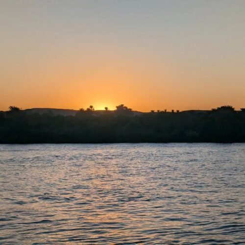 Sunset over the Nile with palm trees