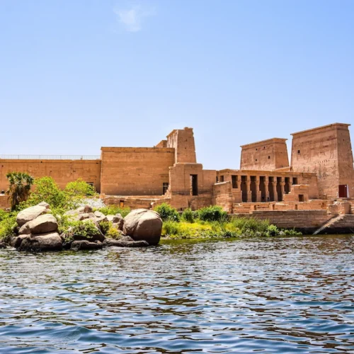 The island Temple of Philae in its Nile landscape at Aswan