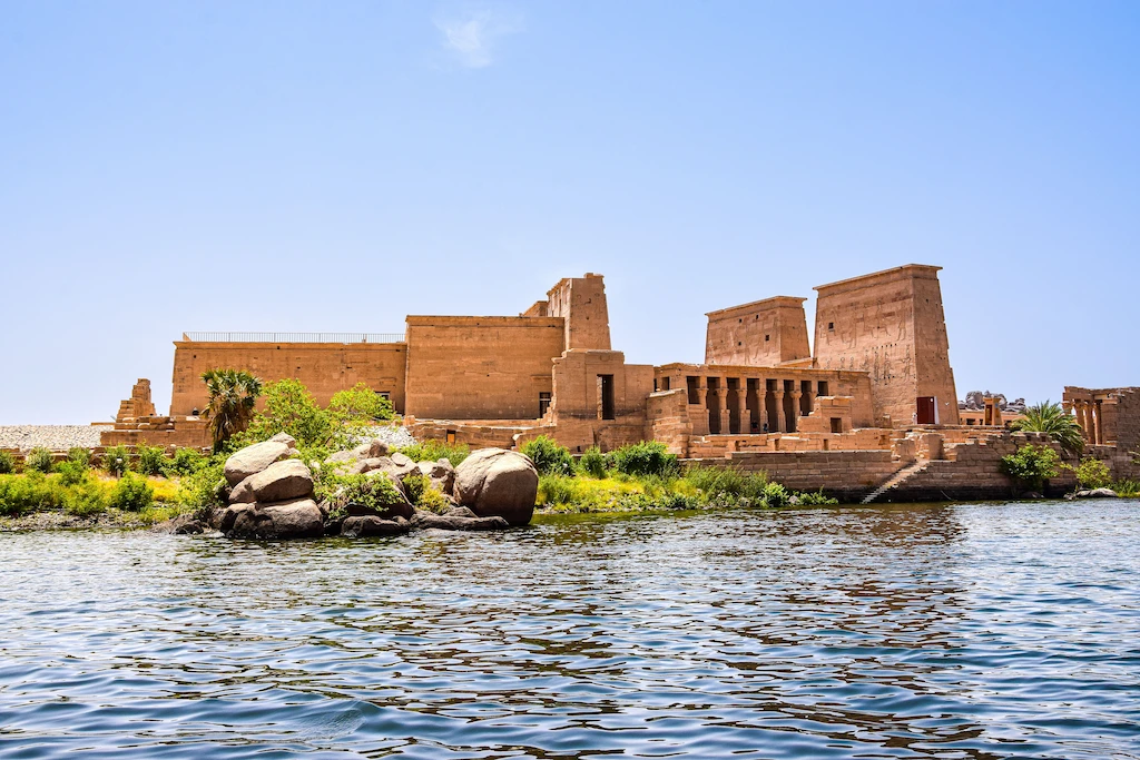The island Temple of Philae in its Nile landscape at Aswan