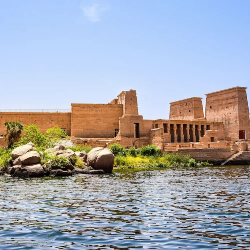 The Temple of Philae on its island in the Nile at Aswan, seen from the water