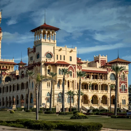 Montazah Palace in Alexandria, its tower and gardens above the Mediterranean shore