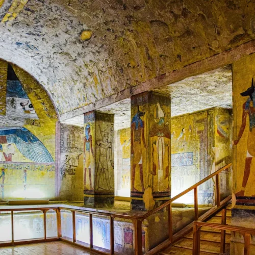 The painted interior of a royal tomb in the Valley of the Kings, colours still vivid